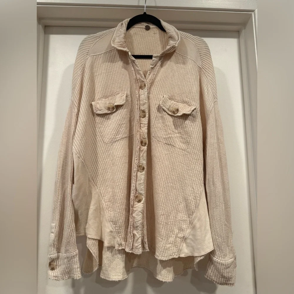 Free People One Scout Jacket Shacket Waffle Thermal Knit Slouchy Nude Sand - Picture 5 of 16